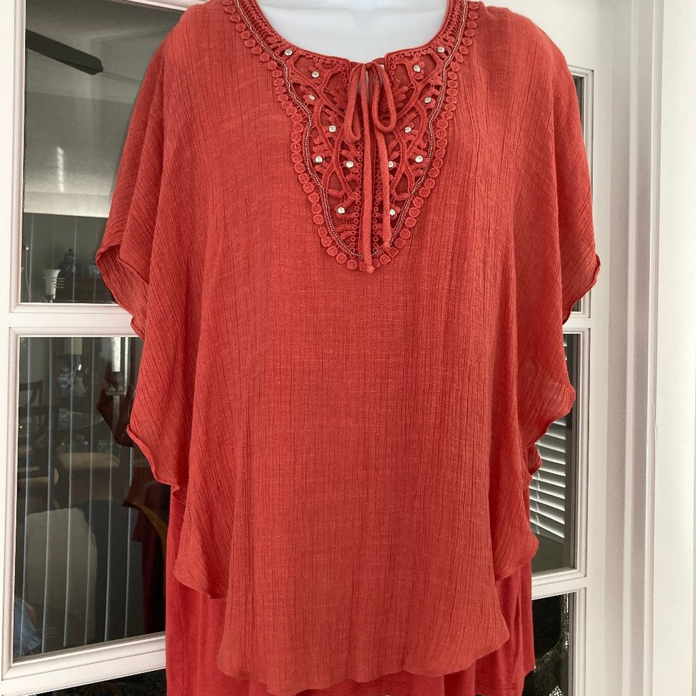 IN Studios Bright Rust Orange Gauze Layered Bat Wing Studs Peasant Blouse 1X